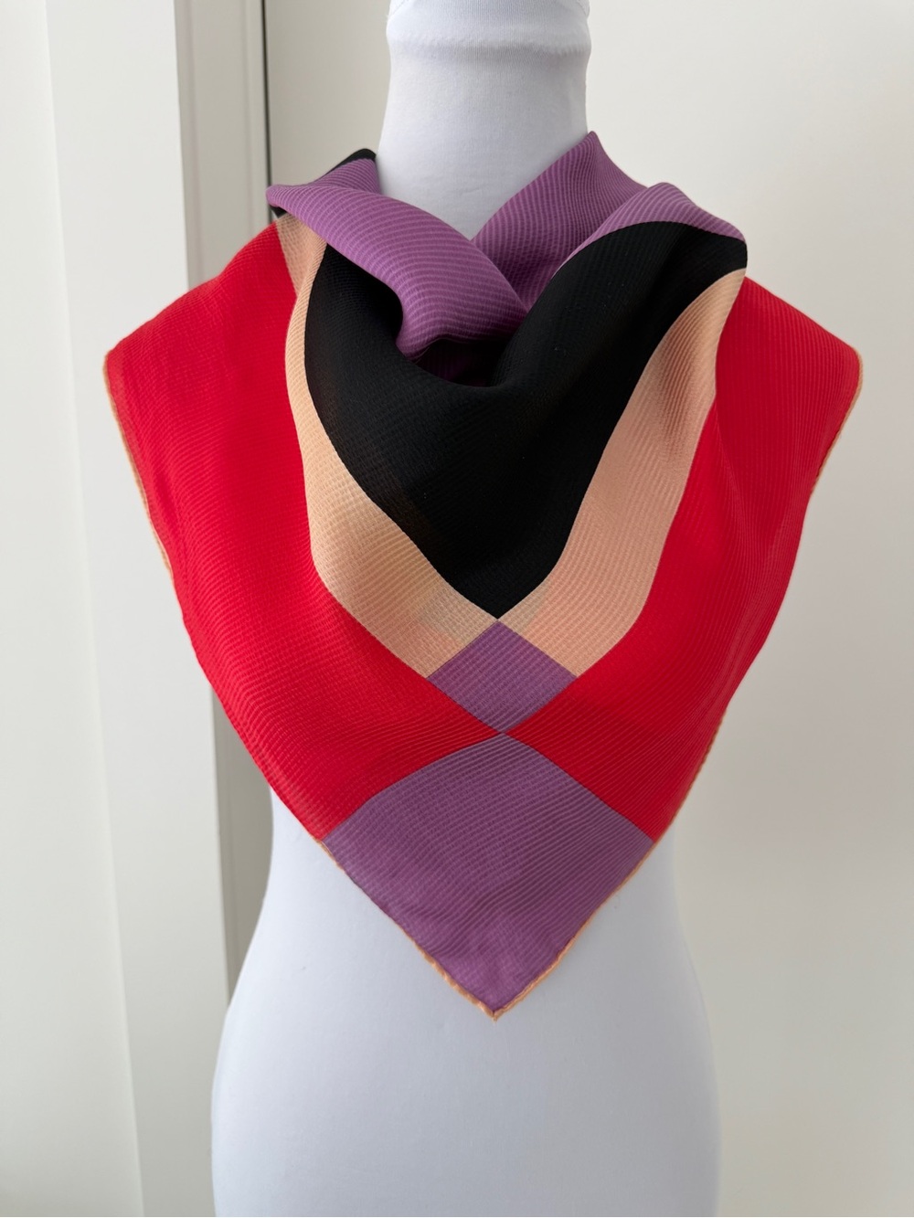 ECHO Vintage Scarf Square Signed Geometric Colourblock Lightweight Ribbed Sheer